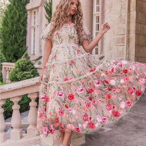 Jessakae The Rose Dress Floral Embroidered Tiered Maxi Boho Gown (Size XXL)